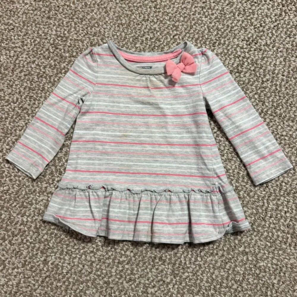 OshKosh Girl Baby Top Gray Pink Striped Bow Ruffle Hem Long Sleeve 12 Months